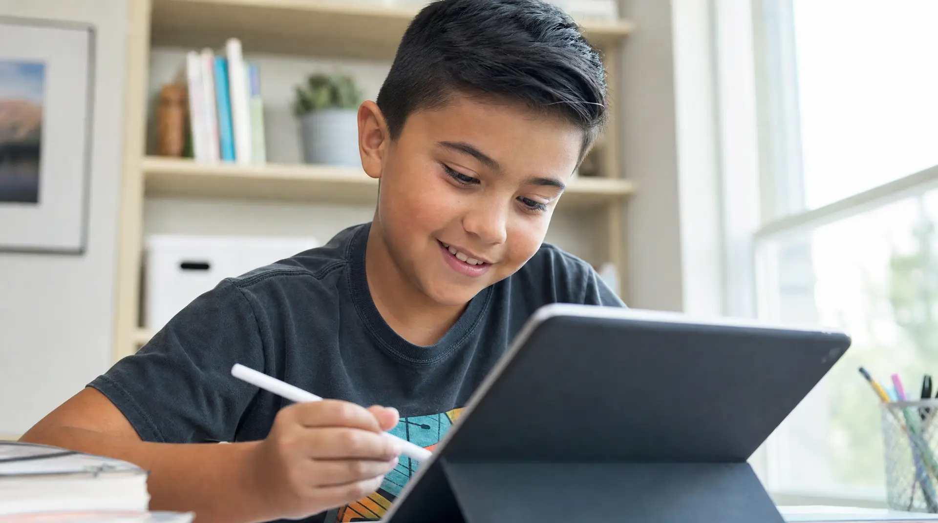 The Real Benefits of Tutoring: Better Grades & Less Parent Stress Student works on a worksheet with pencil and tablet at a bright desk, ready for online homework help.