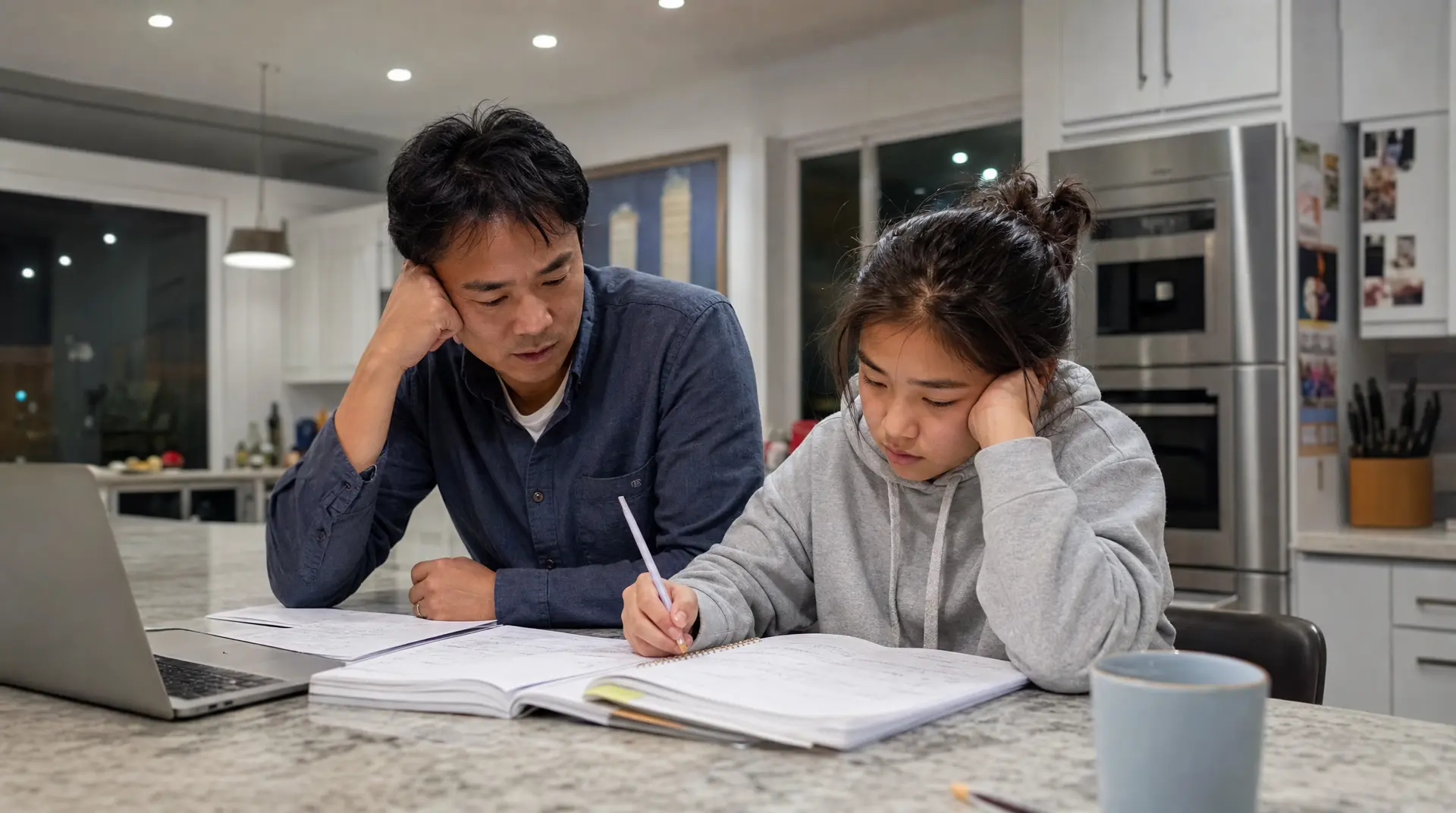 The Real Benefits of Tutoring: Better Grades & Less Parent Stress A parent and child write in notebooks at a kitchen table, working through homework assistance with kids tutoring support.