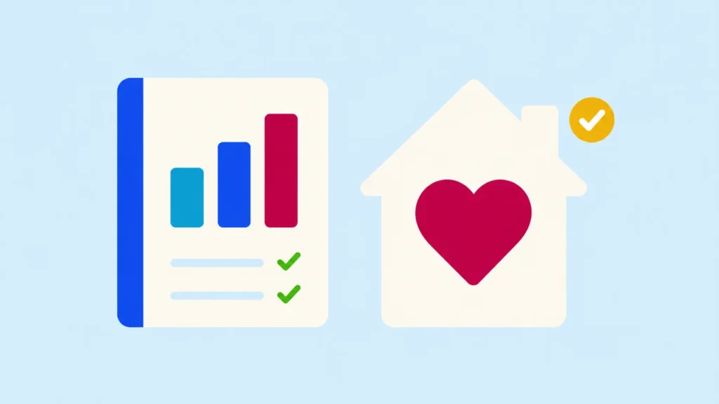 Calendar page with a bar chart and two green checkmarks beside a house with a heart, symbolizing after school tutoring and the benefits of one on one tutoring.