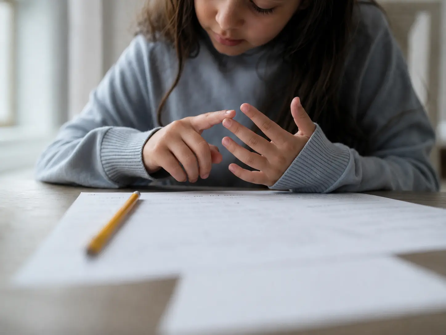Child working on a worksheet at a table, using adhd study tips to stay focused.