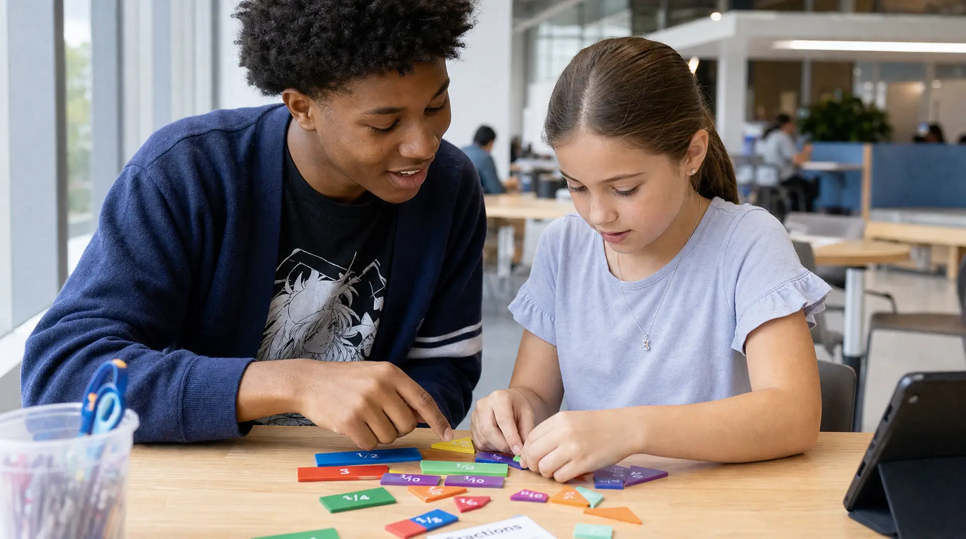A tutor and a child sit at a table sorting colorful math tiles while collaborating on learning during kids tutoring.