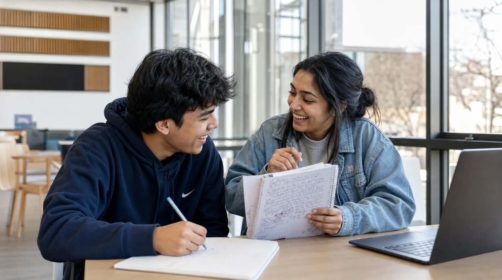 A student and a tutor sit at a table studying handwritten notes together with a laptop nearby, offering homework assistance.
