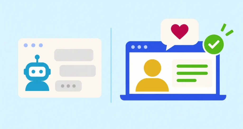 Illustrated laptop chat interface with a robot tutor icon, a user profile, and a heart notification/checkmark. Online tutoring platforms concept.