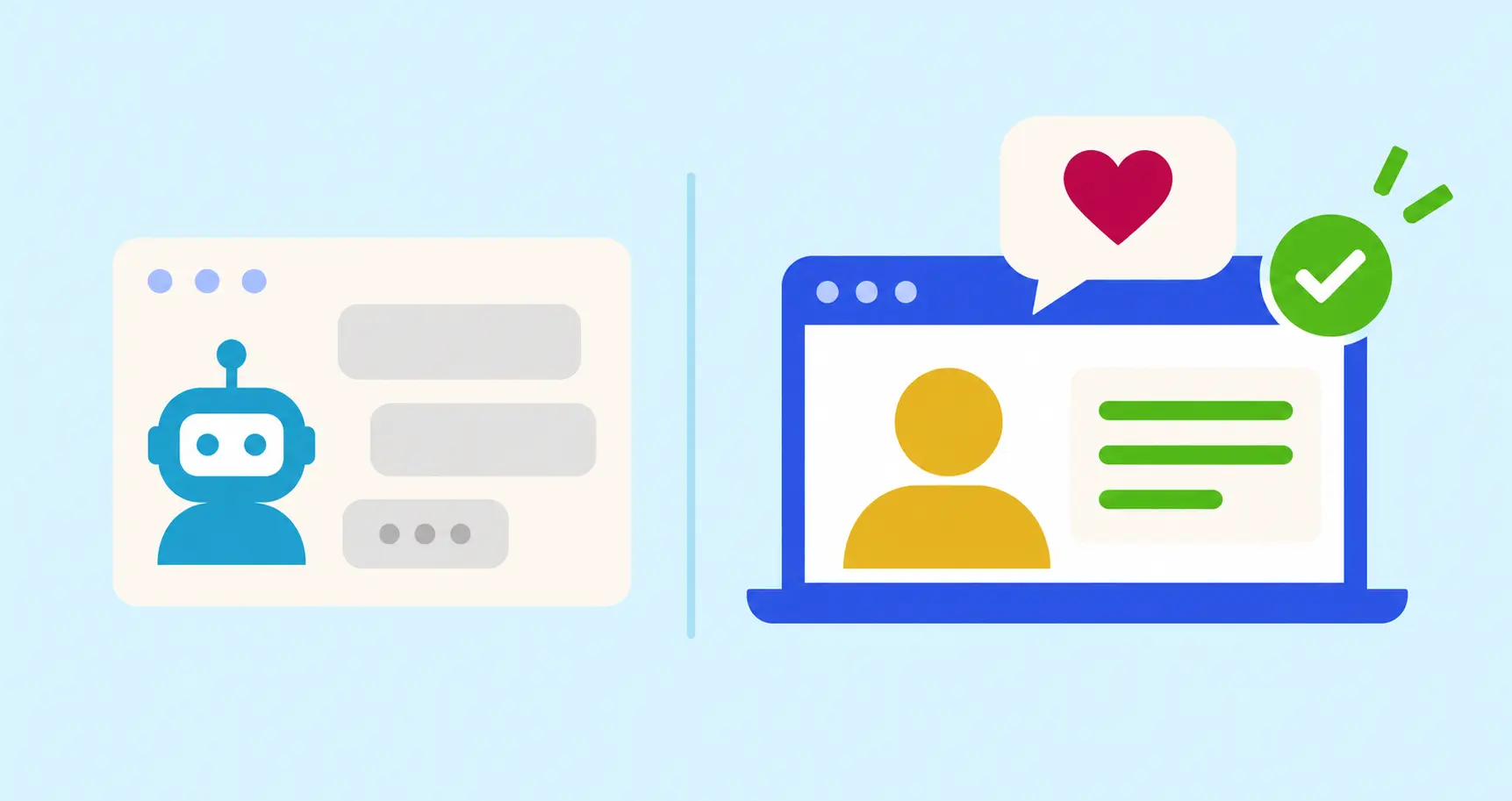 Illustrated laptop chat interface with a robot tutor icon, a user profile, and a heart notification/checkmark. Online tutoring platforms concept.