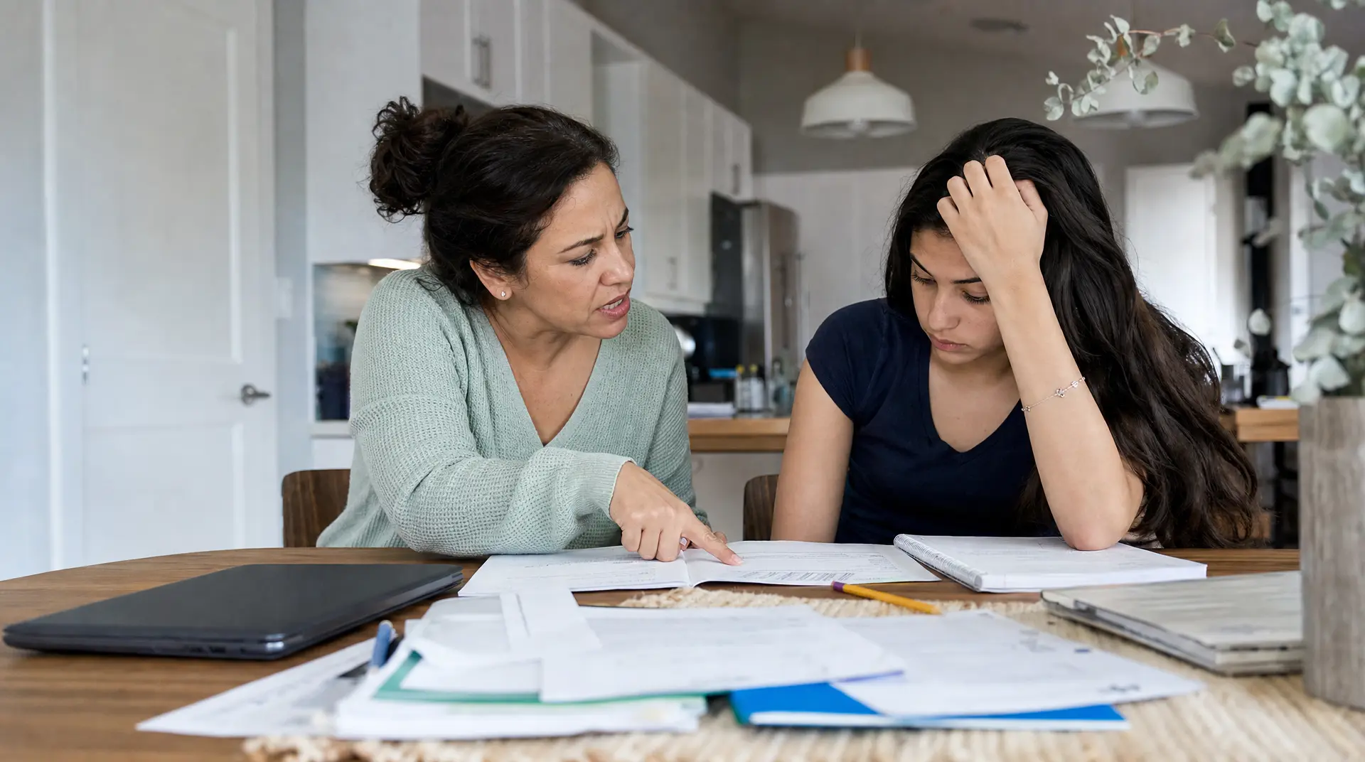 Human Tutor vs AI Homework Help: Why Real Empathy Wins A tutor points at an open workbook while the student covers her head in frustration at a kitchen table, showing homework help online support.