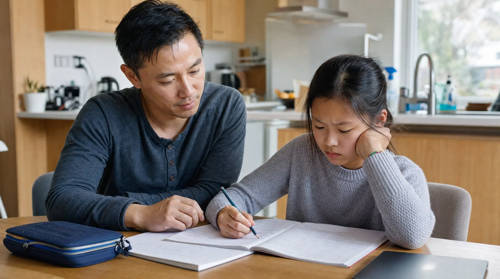 How to Stop Fighting About Homework: 7 Tips from a Teacher Parent and child sit at a kitchen table writing in an open workbook, receiving homework assistance.