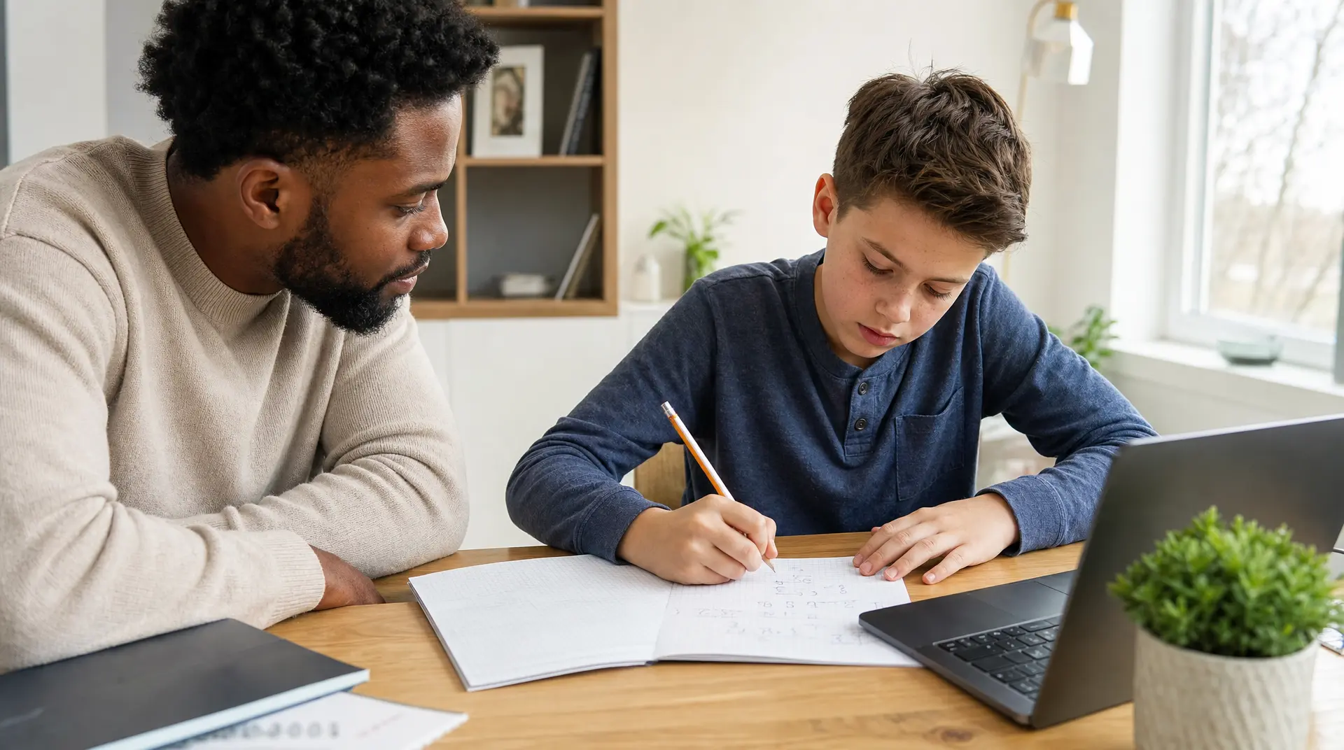 Human Tutor vs AI Homework Help: Why Real Empathy Wins Adult tutor helps a student write in an open notebook during homework assistance at a kitchen table.