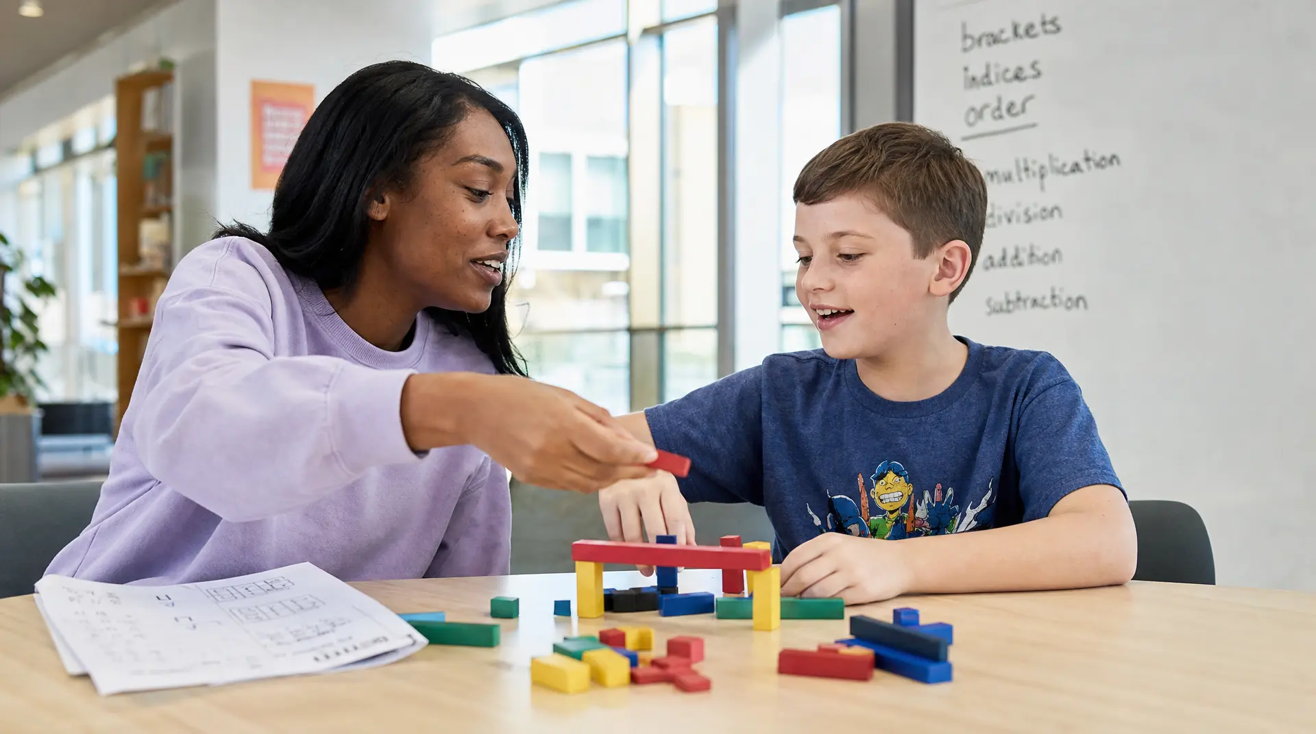 How to Stop Fighting About Homework: 7 Tips from a Teacher A tutor in a lavender top helps a young student on a table with colorful building blocks and a worksheet while a whiteboard with writing sits behind them, supporting kids tutoring and one on one tutoring.