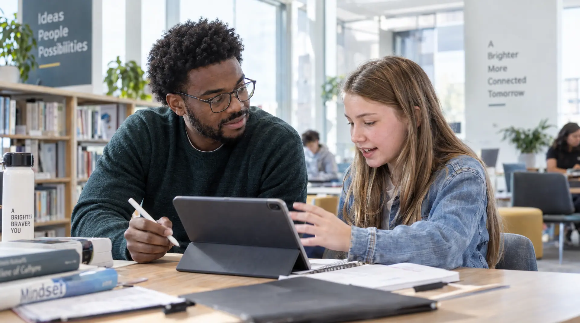 Two learners collaborate at a desk with a tablet while an adult tutor points and writes, supporting one on one online tutoring.