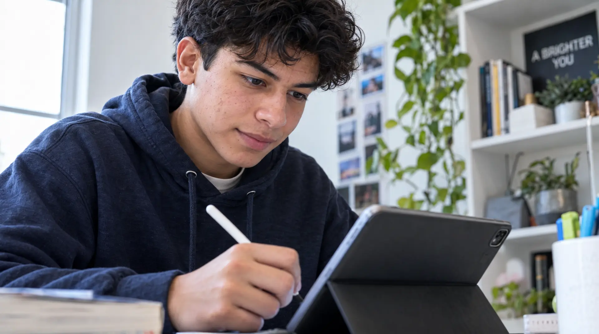 Teen studying on a tablet with a notebook and pen at a desk, demonstrating best study methods.